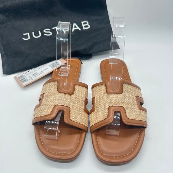 Justfab Becca Flat Sandals Womens 8 Brown‎ Woven Upper Comfortable Slip-On NEW - Picture 1 of 12